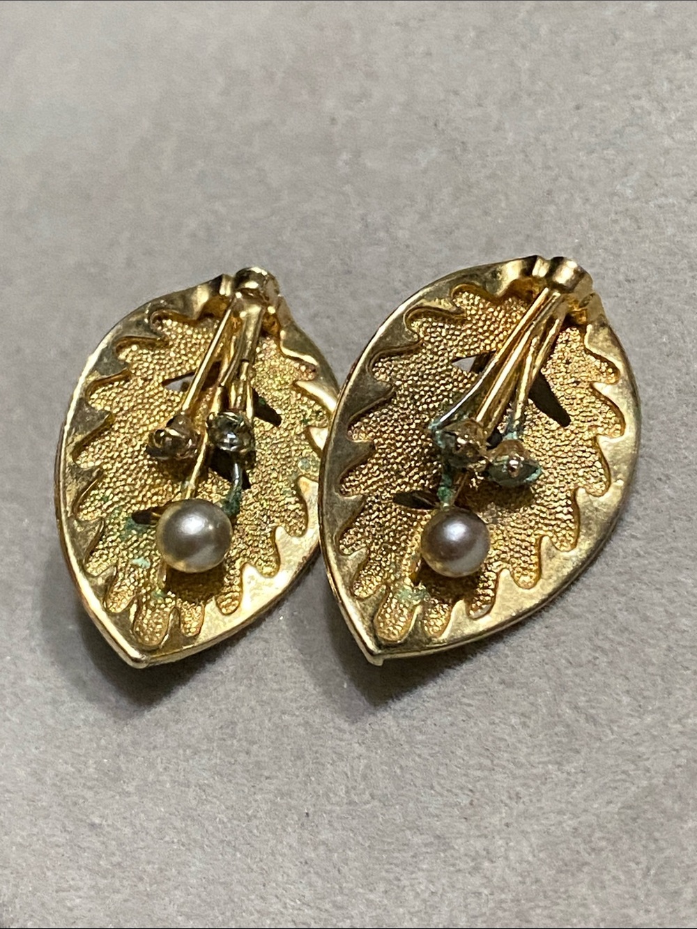 Gold Leaf Pearl Accent Clip-On Earrings